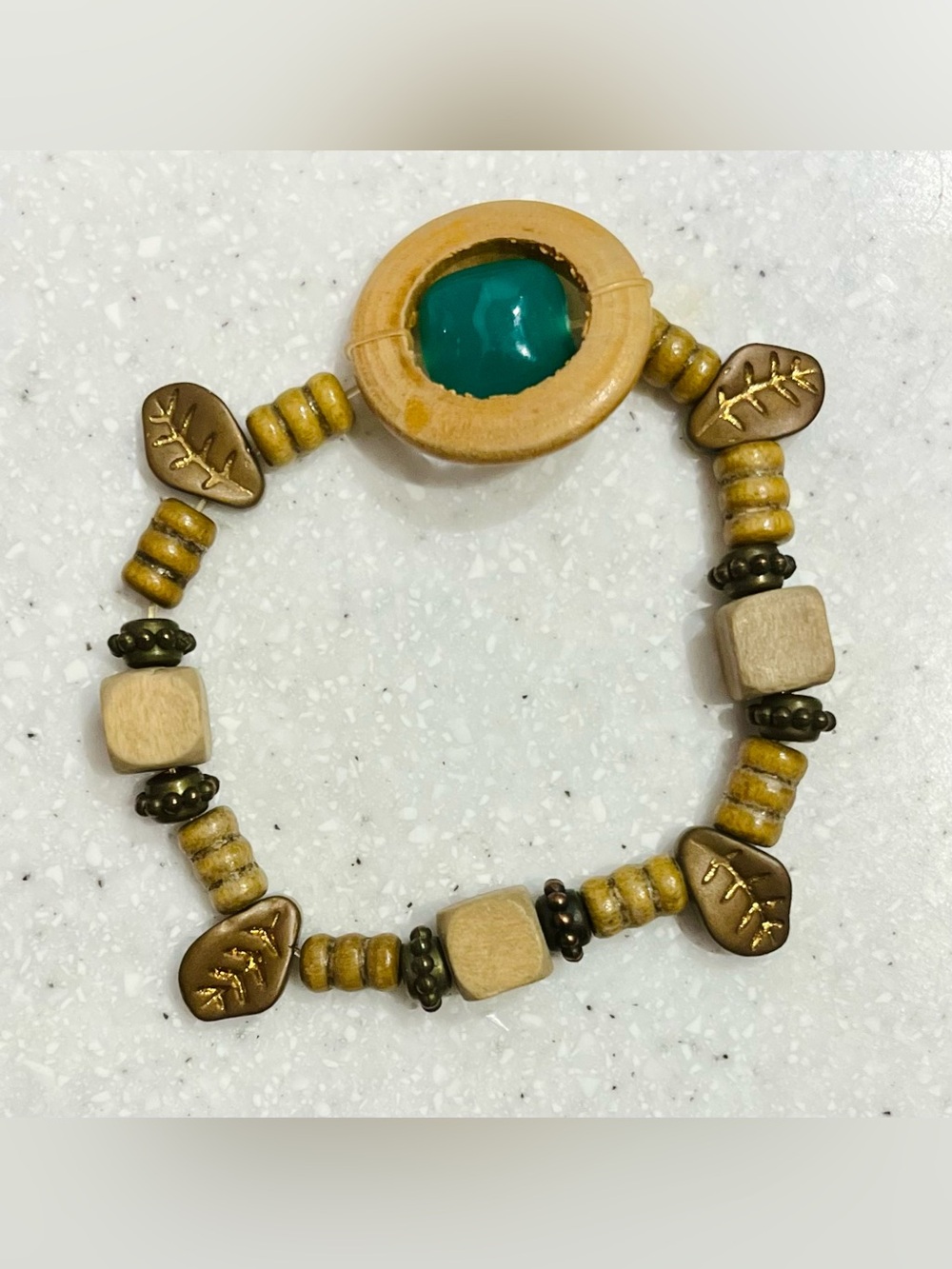 Handcrafted Green and Wood Beaded Stretch Bracelet